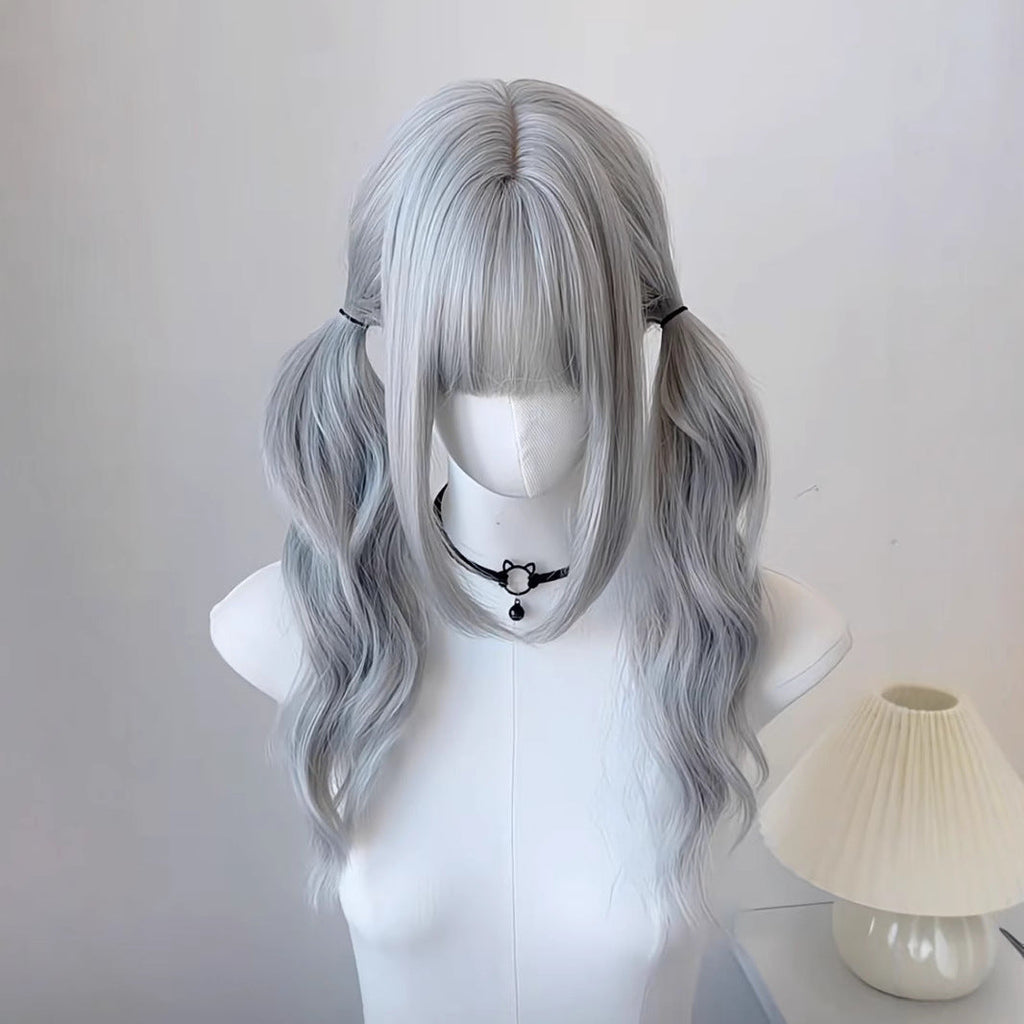 Double ponytail everyday long curly hair Japanese Lolita gray wig
